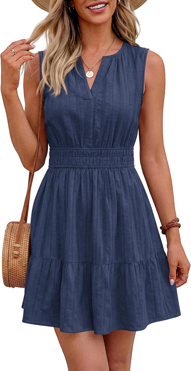 imageBTFBM Mini Dresses for Women 2026 Summer Sleeveless V Neck Elastic Waist Beach Vacation Sundress Boho Casual Dress PocketsNavy Blue