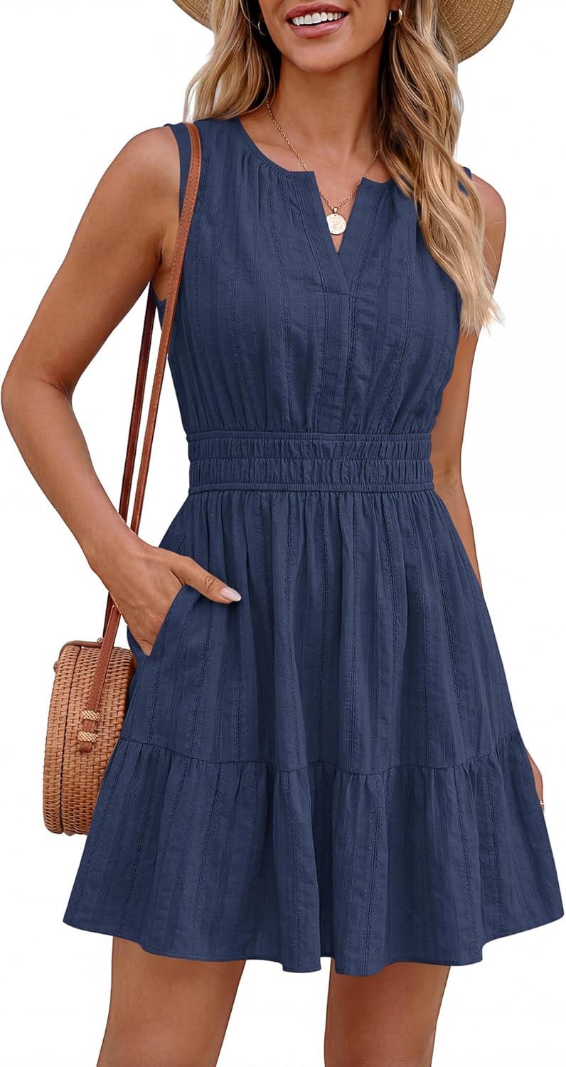 imageBTFBM Mini Dresses for Women 2026 Summer Sleeveless V Neck Elastic Waist Beach Vacation Sundress Boho Casual Dress PocketsNavy Blue