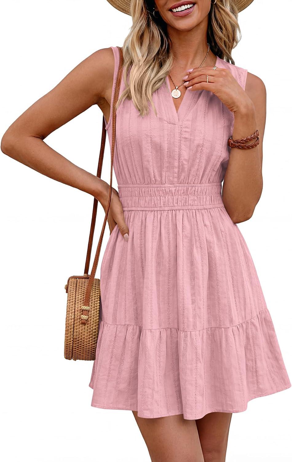 imageBTFBM Mini Dresses for Women 2026 Summer Sleeveless V Neck Elastic Waist Beach Vacation Sundress Boho Casual Dress PocketsPink