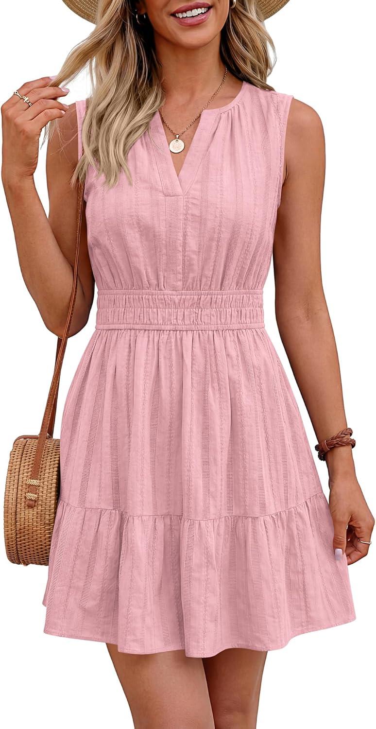 imageBTFBM Mini Dresses for Women 2026 Summer Sleeveless V Neck Elastic Waist Beach Vacation Sundress Boho Casual Dress PocketsPink