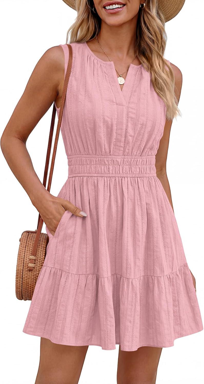 imageBTFBM Mini Dresses for Women 2026 Summer Sleeveless V Neck Elastic Waist Beach Vacation Sundress Boho Casual Dress PocketsPink
