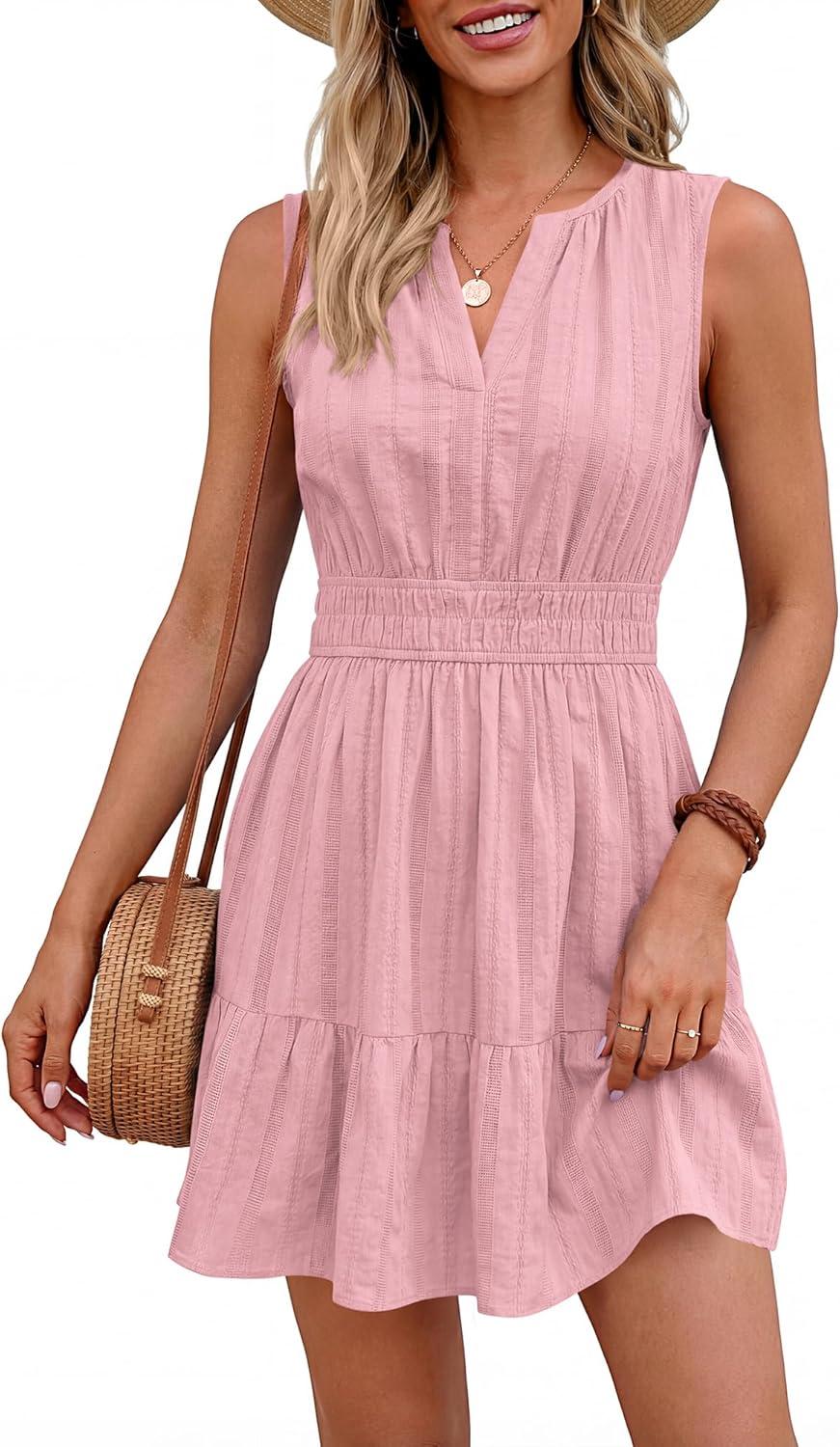 imageBTFBM Mini Dresses for Women 2026 Summer Sleeveless V Neck Elastic Waist Beach Vacation Sundress Boho Casual Dress PocketsPink
