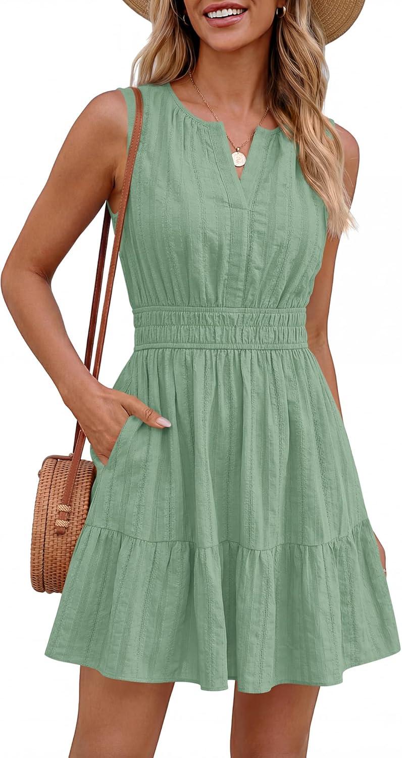 imageBTFBM Mini Dresses for Women 2026 Summer Sleeveless V Neck Elastic Waist Beach Vacation Sundress Boho Casual Dress PocketsSage Green