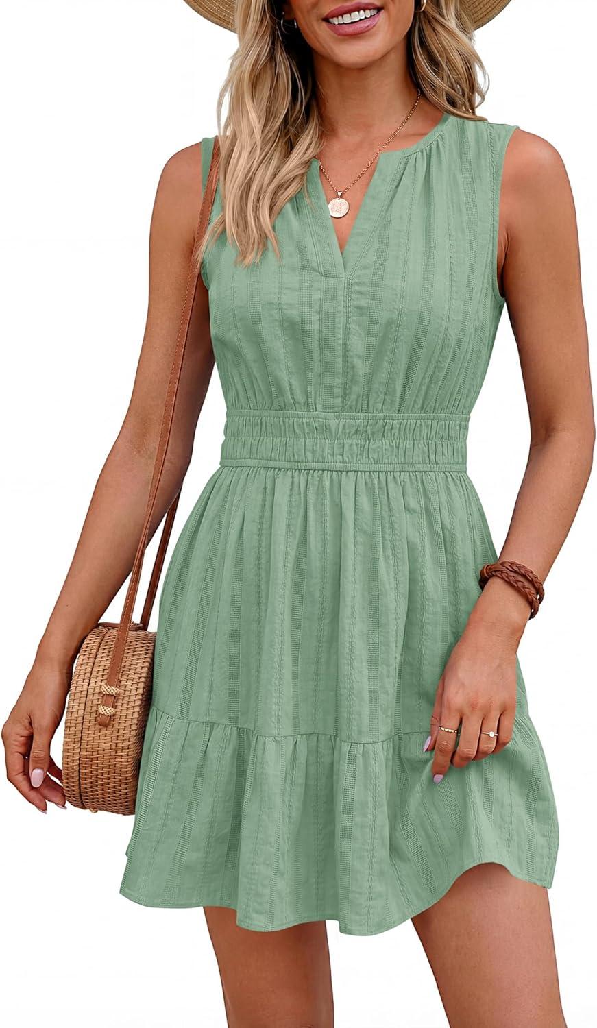 imageBTFBM Mini Dresses for Women 2026 Summer Sleeveless V Neck Elastic Waist Beach Vacation Sundress Boho Casual Dress PocketsSage Green