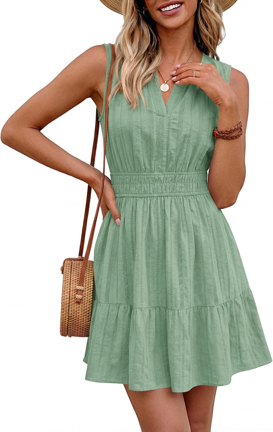 imageBTFBM Mini Dresses for Women 2026 Summer Sleeveless V Neck Elastic Waist Beach Vacation Sundress Boho Casual Dress PocketsSage Green