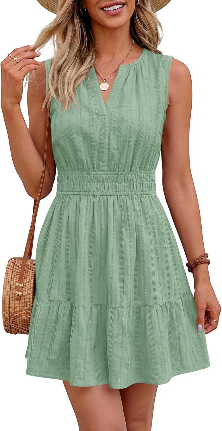 imageBTFBM Mini Dresses for Women 2026 Summer Sleeveless V Neck Elastic Waist Beach Vacation Sundress Boho Casual Dress PocketsSage Green
