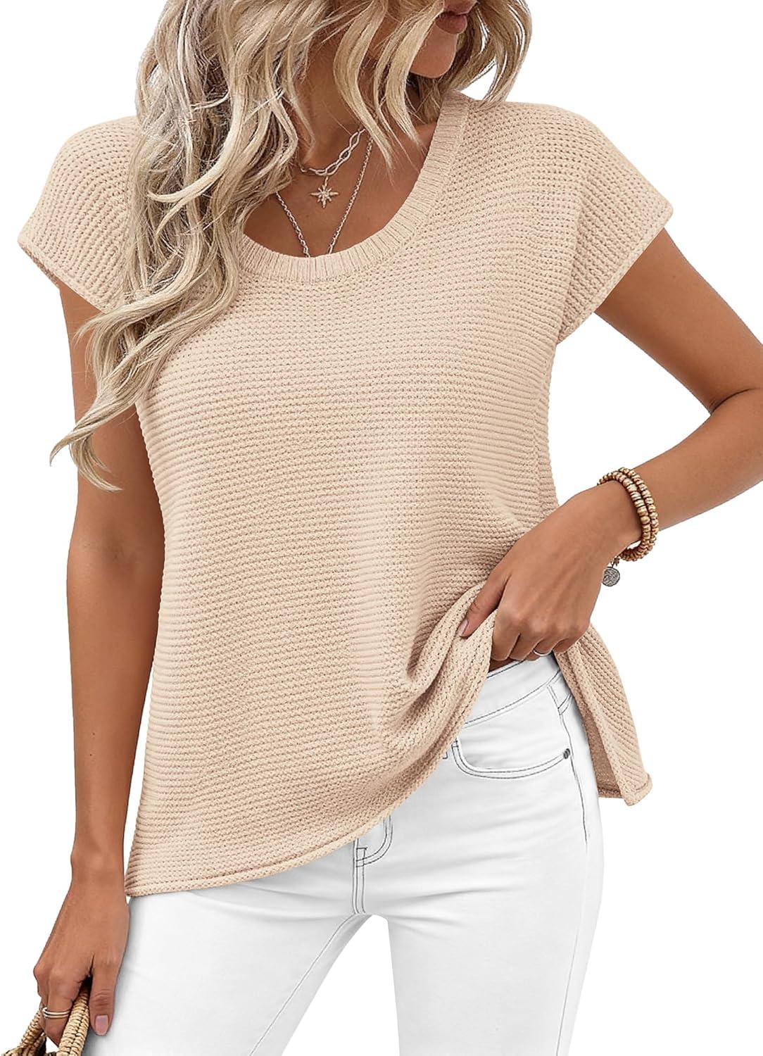 imageBTFBM Sweater Vest Women 2026 Spring Summer Cap Sleeve Crew Neck Casual Loose Business Tops Western Vacation OutfitsApricot