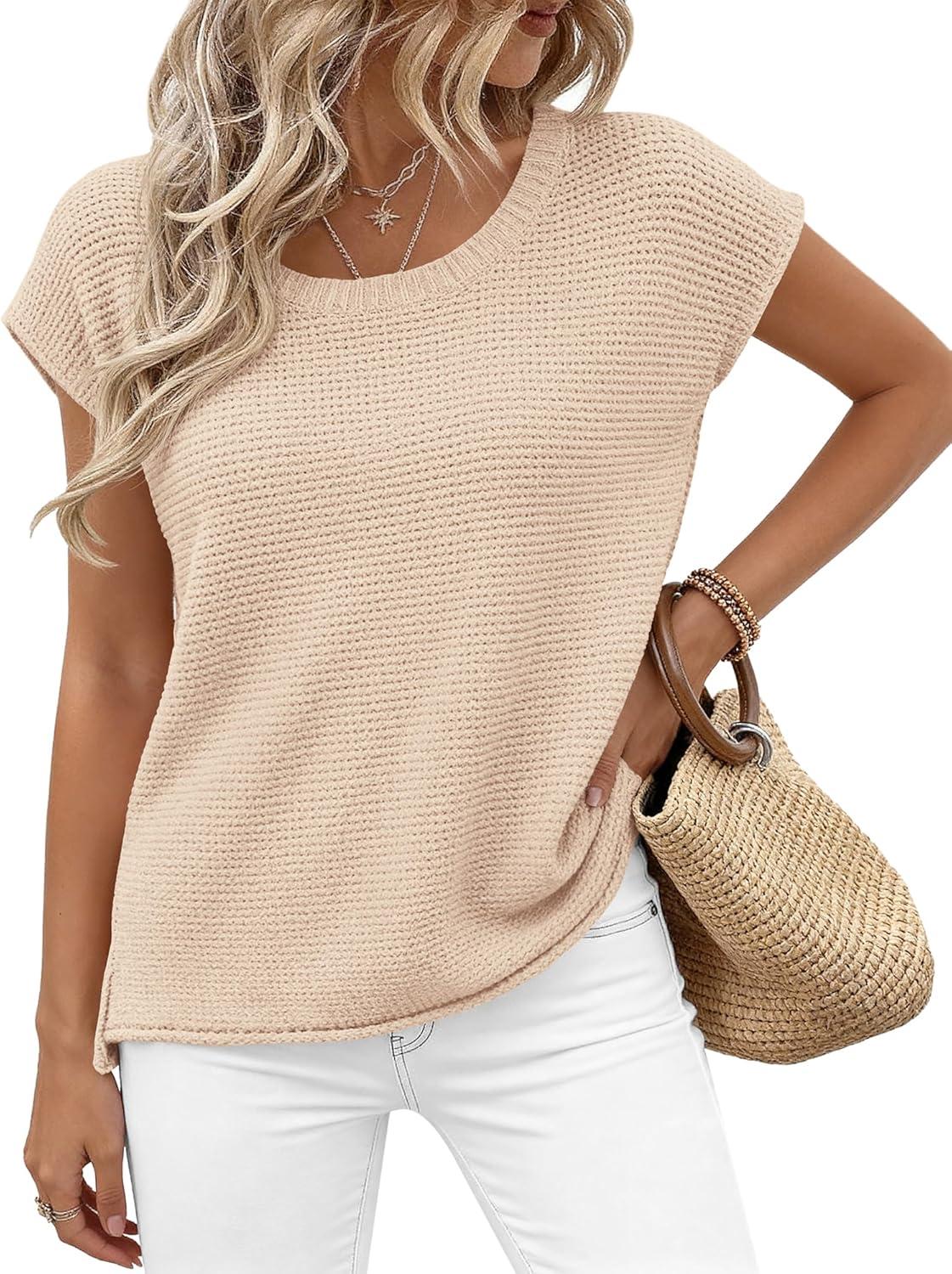 imageBTFBM Sweater Vest Women 2026 Spring Summer Cap Sleeve Crew Neck Casual Loose Business Tops Western Vacation OutfitsApricot
