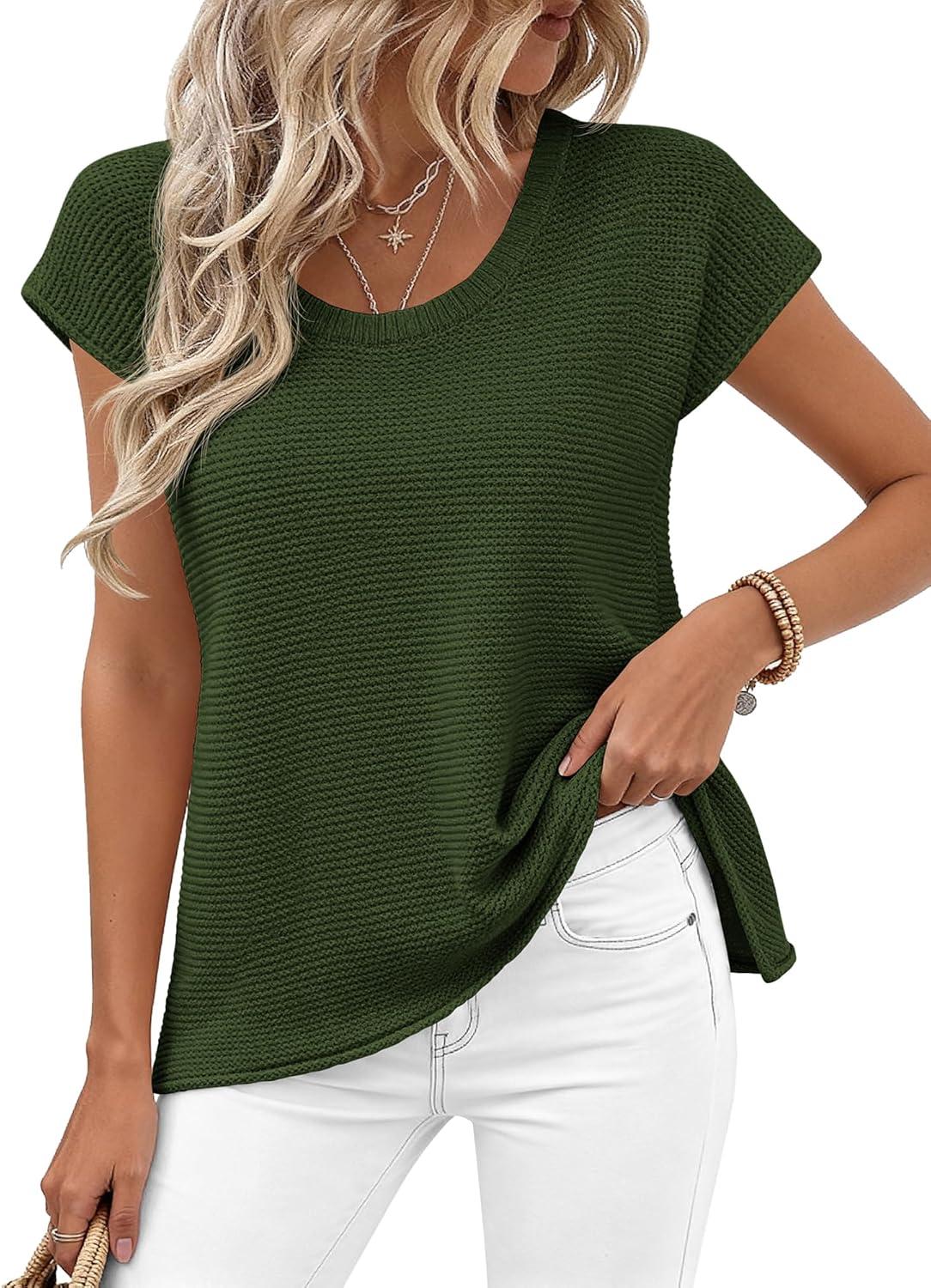 imageBTFBM Sweater Vest Women 2026 Spring Summer Cap Sleeve Crew Neck Casual Loose Business Tops Western Vacation OutfitsArmy Green