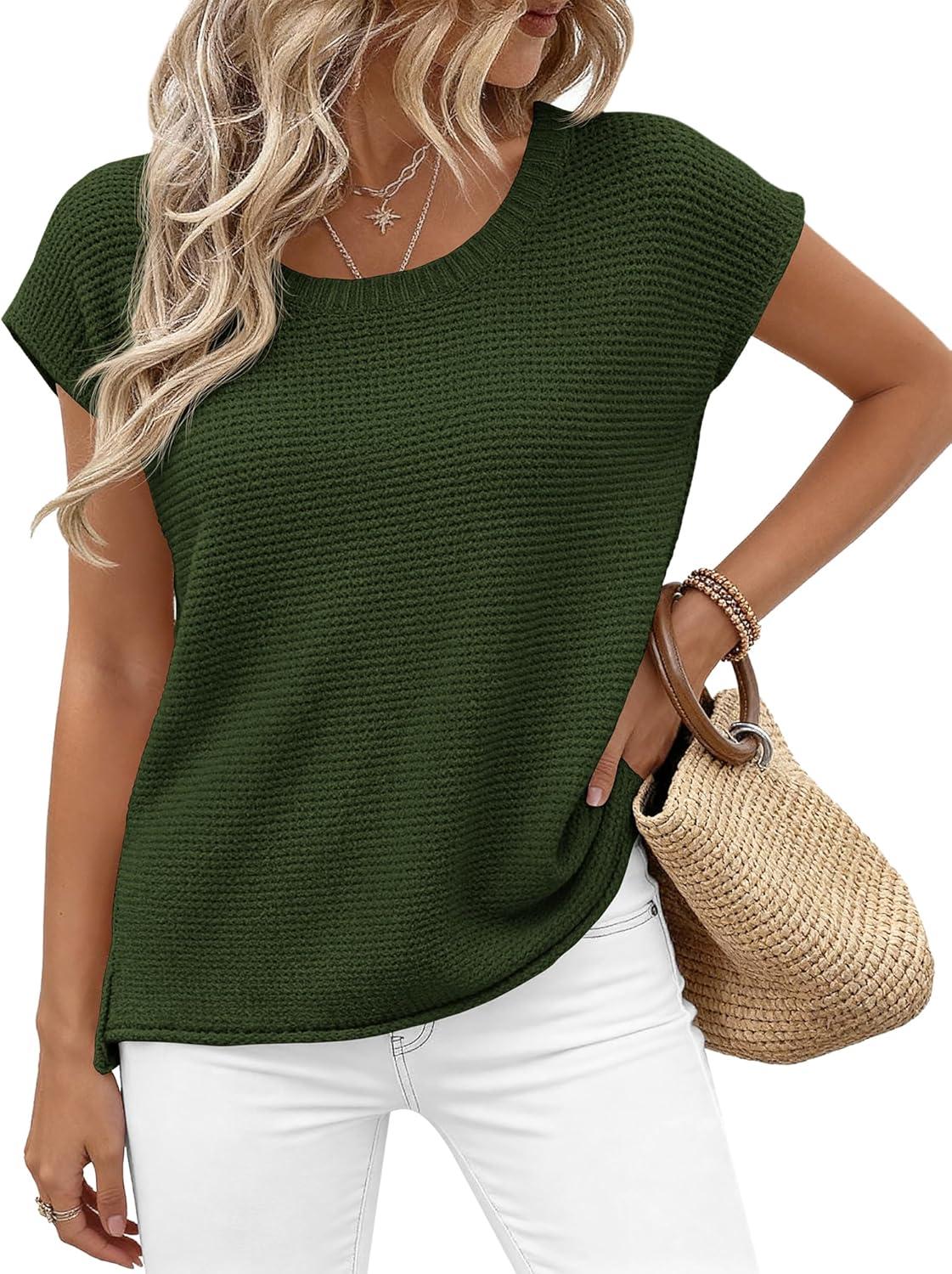 imageBTFBM Sweater Vest Women 2026 Spring Summer Cap Sleeve Crew Neck Casual Loose Business Tops Western Vacation OutfitsArmy Green