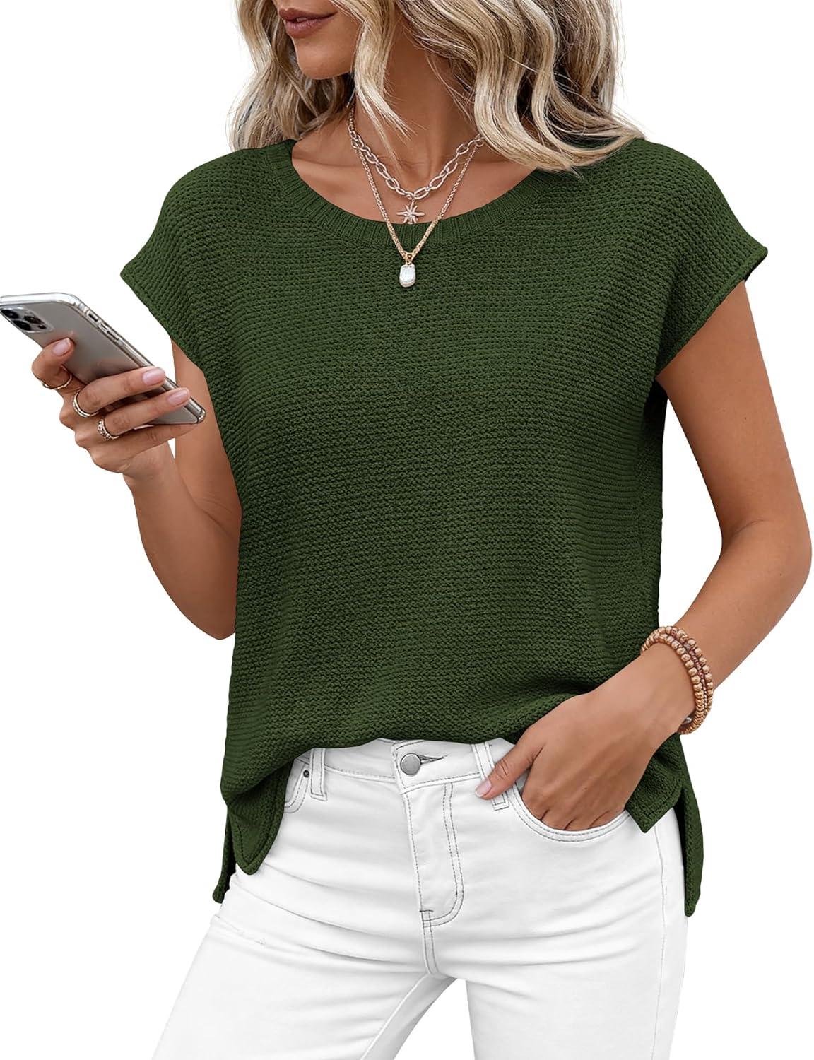 imageBTFBM Sweater Vest Women 2026 Spring Summer Cap Sleeve Crew Neck Casual Loose Business Tops Western Vacation OutfitsArmy Green