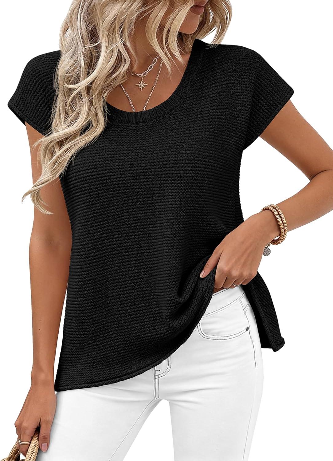 imageBTFBM Sweater Vest Women 2026 Spring Summer Cap Sleeve Crew Neck Casual Loose Business Tops Western Vacation OutfitsBlack