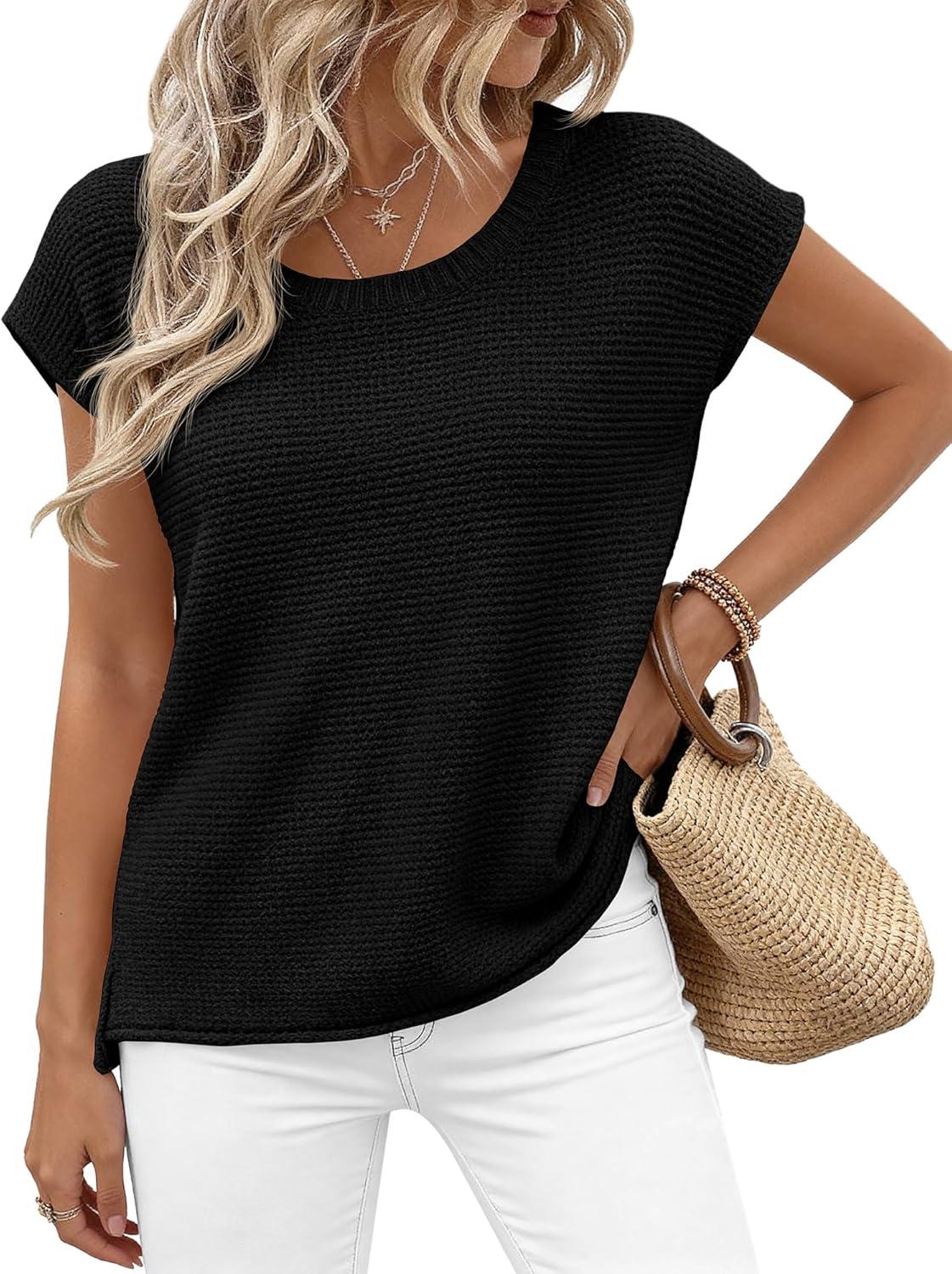 imageBTFBM Sweater Vest Women 2026 Spring Summer Cap Sleeve Crew Neck Casual Loose Business Tops Western Vacation OutfitsBlack