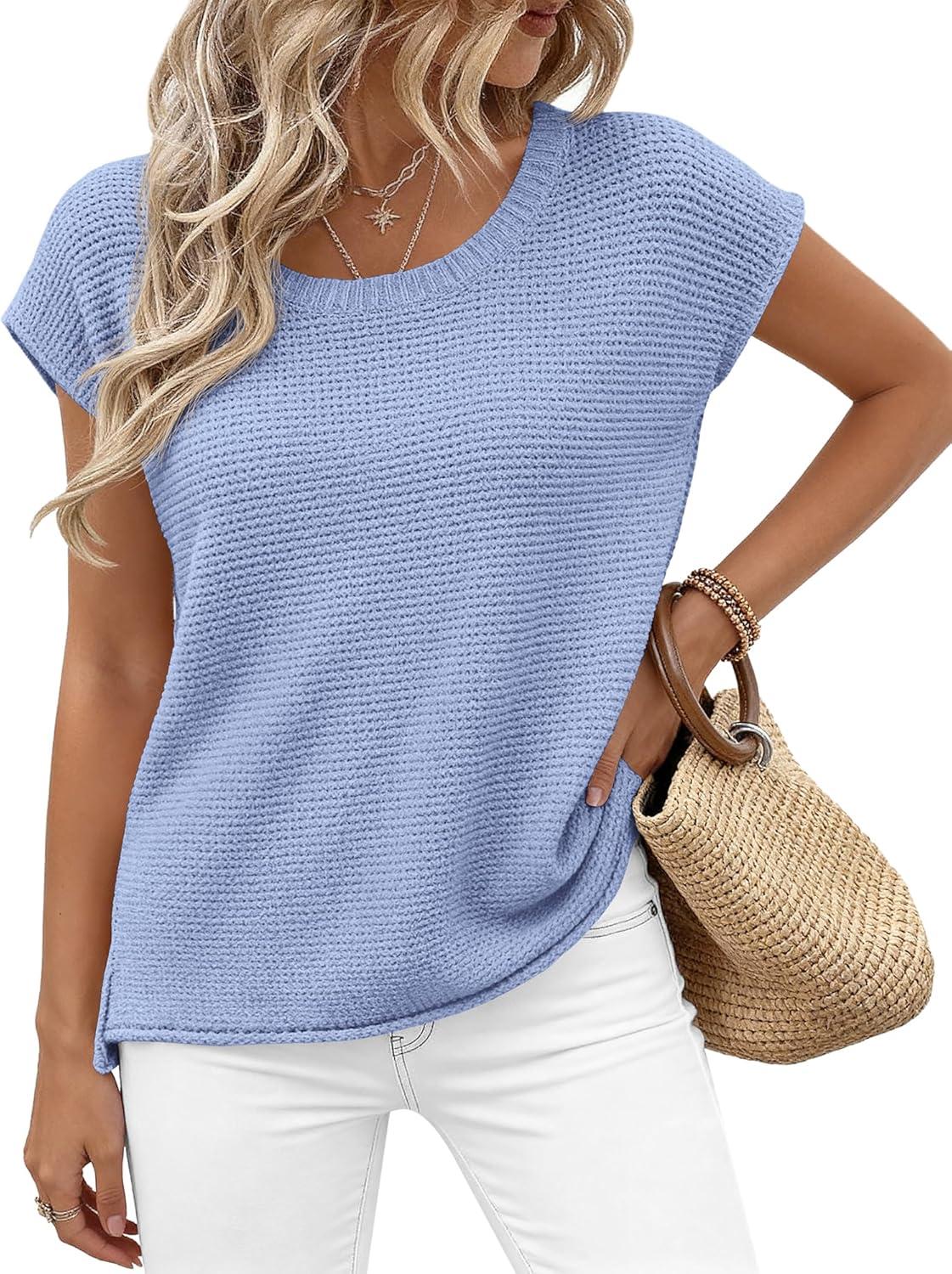 imageBTFBM Sweater Vest Women 2026 Spring Summer Cap Sleeve Crew Neck Casual Loose Business Tops Western Vacation OutfitsBlue