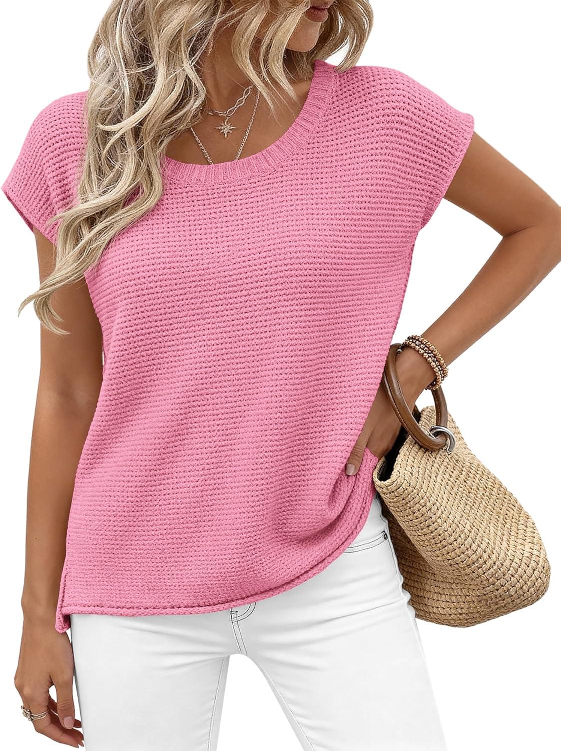 imageBTFBM Sweater Vest Women 2026 Spring Summer Cap Sleeve Crew Neck Casual Loose Business Tops Western Vacation OutfitsPink