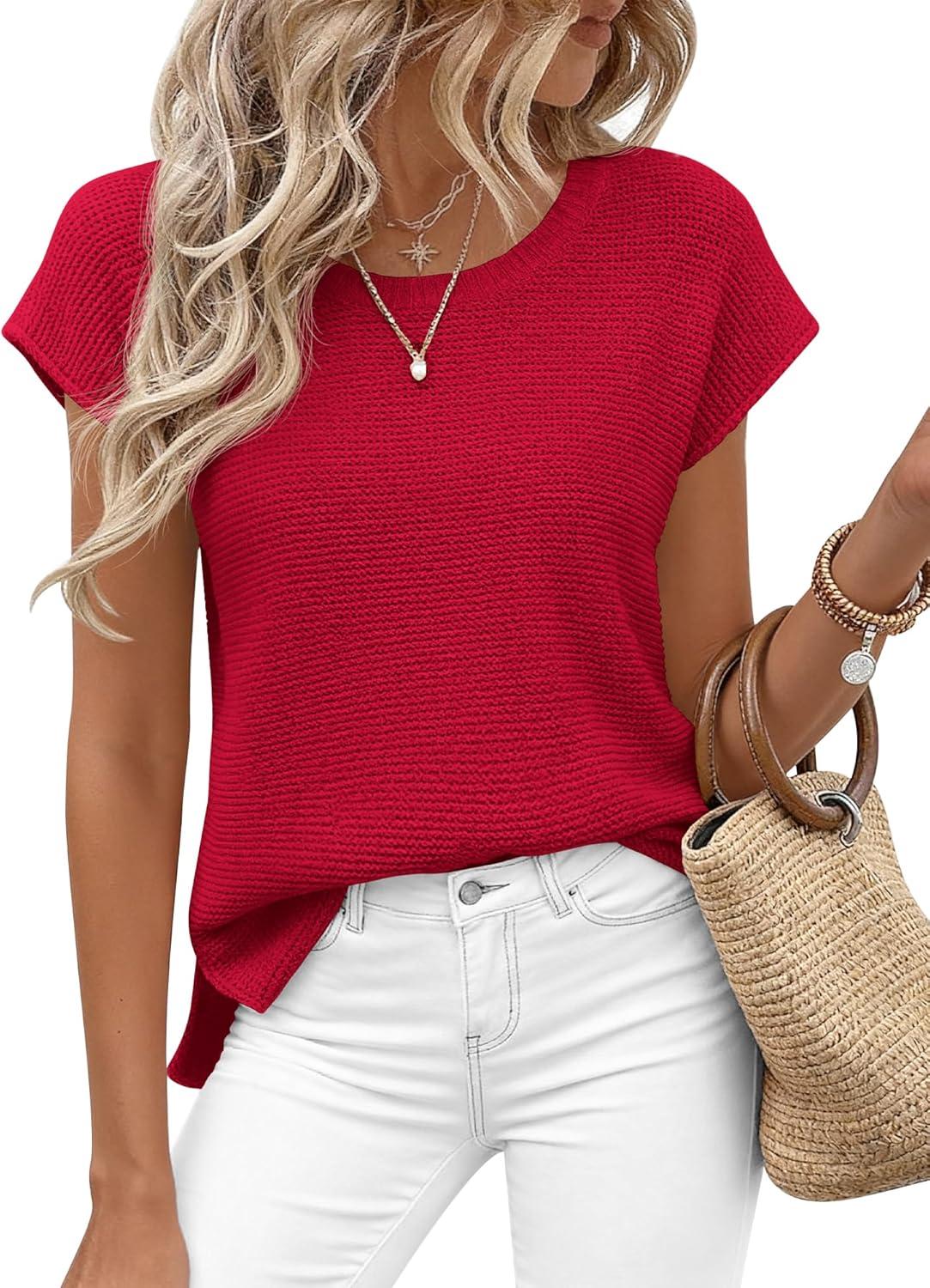 imageBTFBM Sweater Vest Women 2026 Spring Summer Cap Sleeve Crew Neck Casual Loose Business Tops Western Vacation OutfitsRed