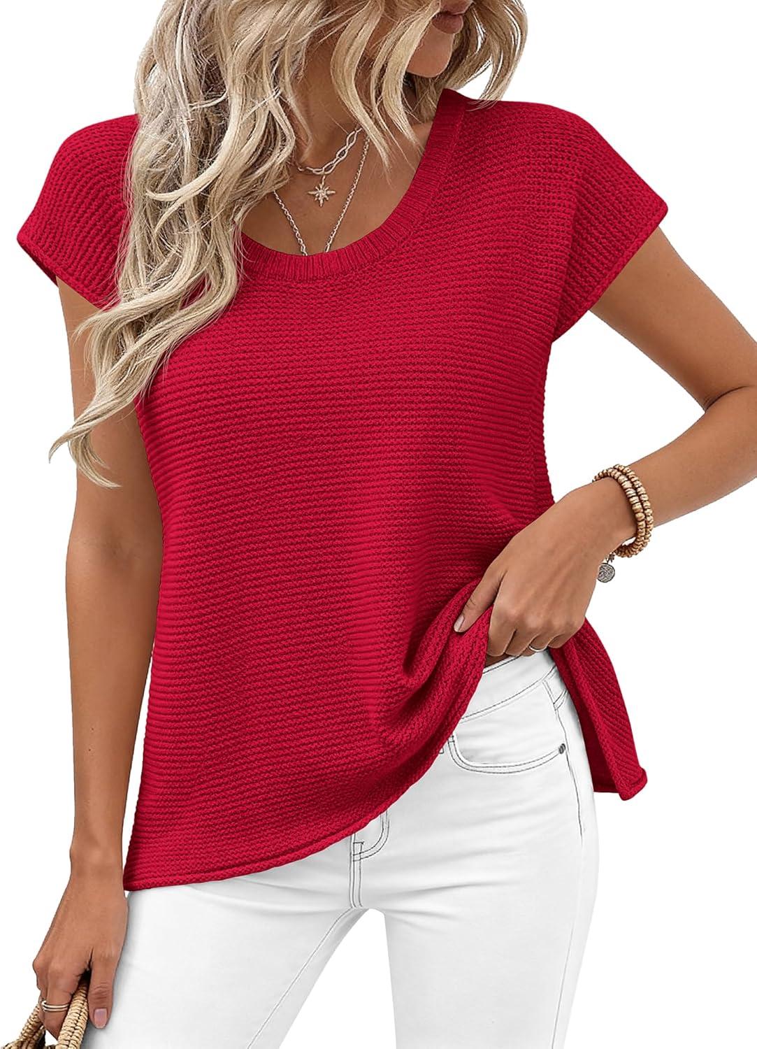 imageBTFBM Sweater Vest Women 2026 Spring Summer Cap Sleeve Crew Neck Casual Loose Business Tops Western Vacation OutfitsRed