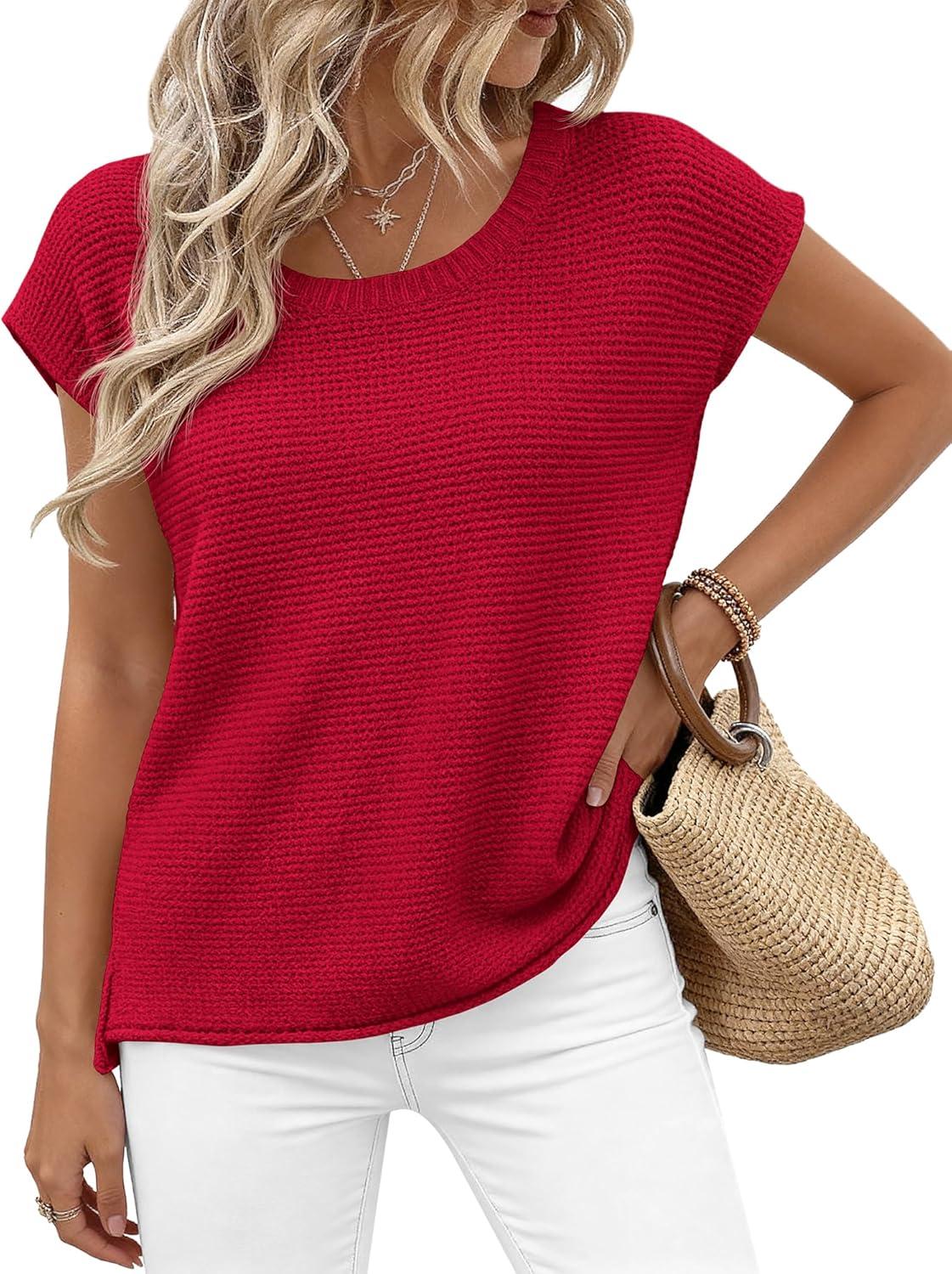 imageBTFBM Sweater Vest Women 2026 Spring Summer Cap Sleeve Crew Neck Casual Loose Business Tops Western Vacation OutfitsRed
