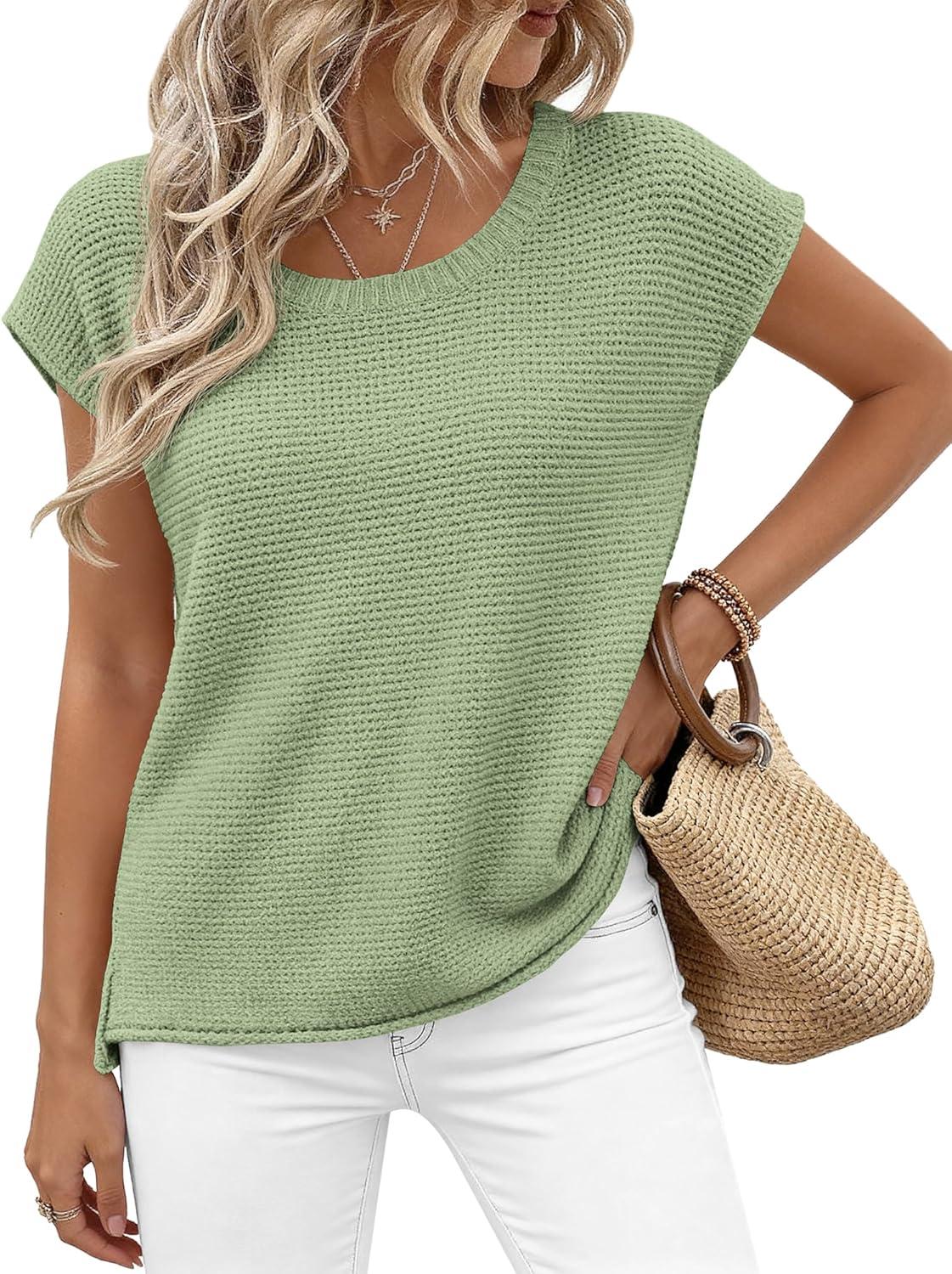imageBTFBM Sweater Vest Women 2026 Spring Summer Cap Sleeve Crew Neck Casual Loose Business Tops Western Vacation OutfitsSage Green