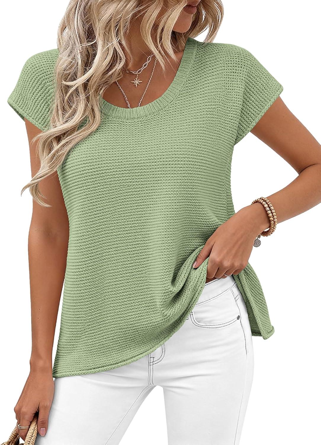 imageBTFBM Sweater Vest Women 2026 Spring Summer Cap Sleeve Crew Neck Casual Loose Business Tops Western Vacation OutfitsSage Green