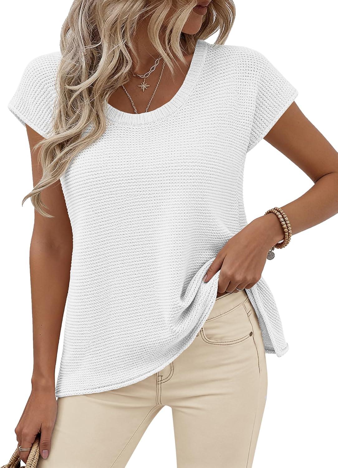 imageBTFBM Sweater Vest Women 2026 Spring Summer Cap Sleeve Crew Neck Casual Loose Business Tops Western Vacation OutfitsWhite