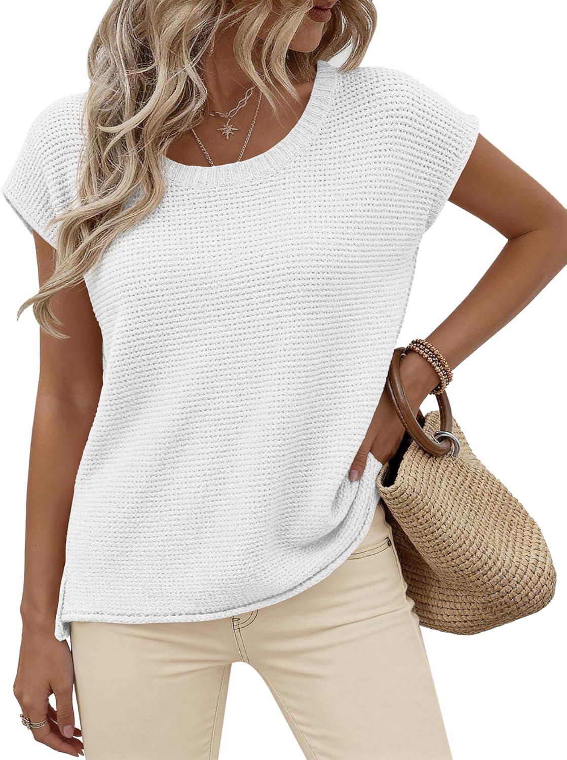 imageBTFBM Sweater Vest Women 2026 Spring Summer Cap Sleeve Crew Neck Casual Loose Business Tops Western Vacation OutfitsWhite