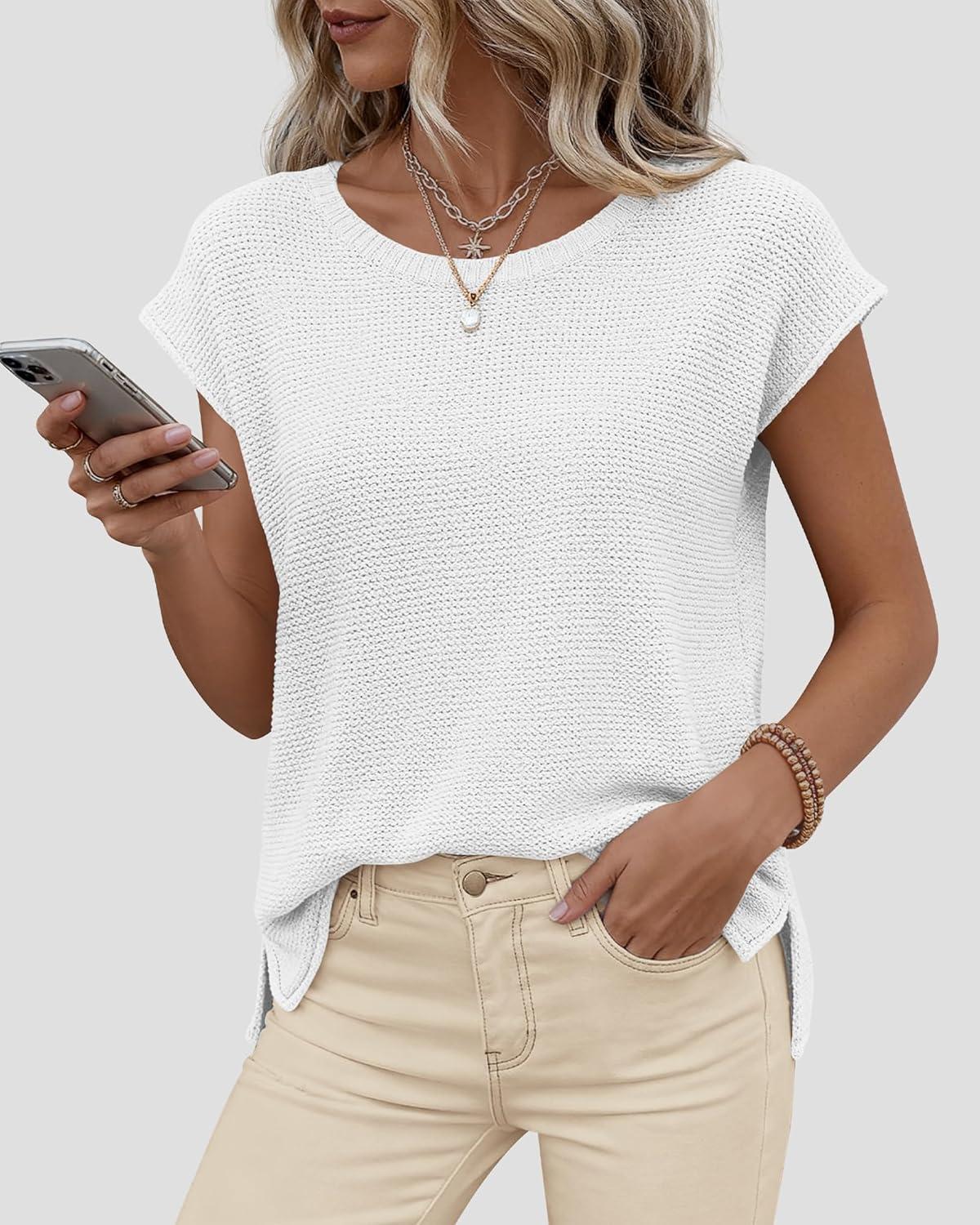 imageBTFBM Sweater Vest Women 2026 Spring Summer Cap Sleeve Crew Neck Casual Loose Business Tops Western Vacation OutfitsWhite