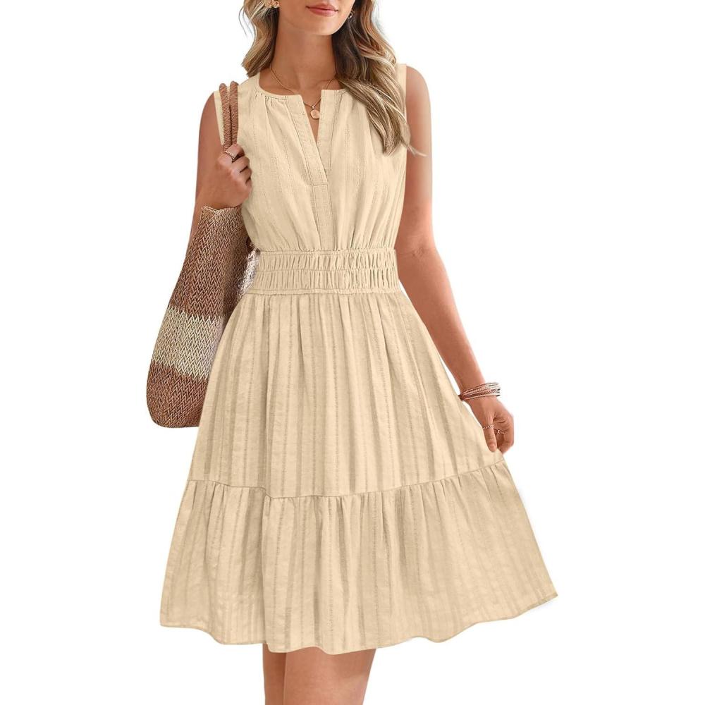 imageBTFBM Mini Dresses for Women 2026 Summer Sleeveless V Neck Elastic Waist Beach Vacation Sundress Boho Casual Dress PocketsBeige