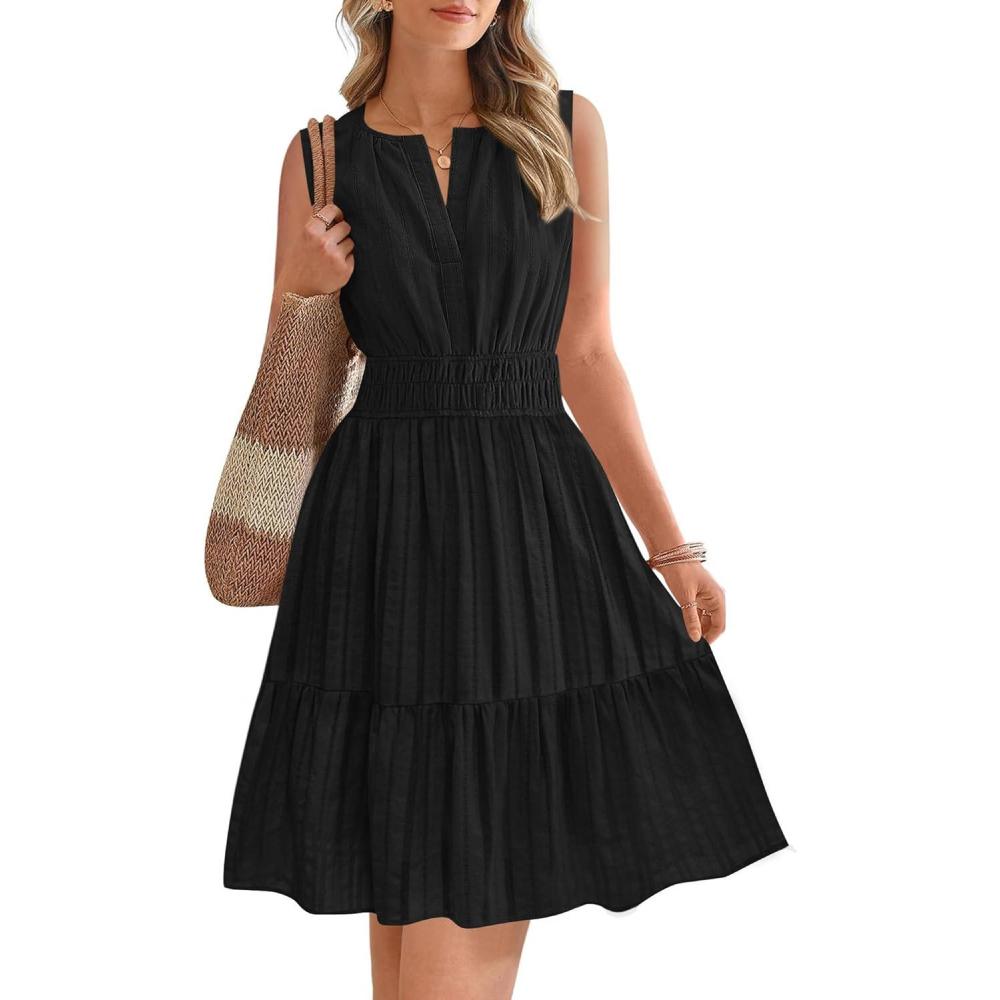 imageBTFBM Mini Dresses for Women 2026 Summer Sleeveless V Neck Elastic Waist Beach Vacation Sundress Boho Casual Dress PocketsBlack