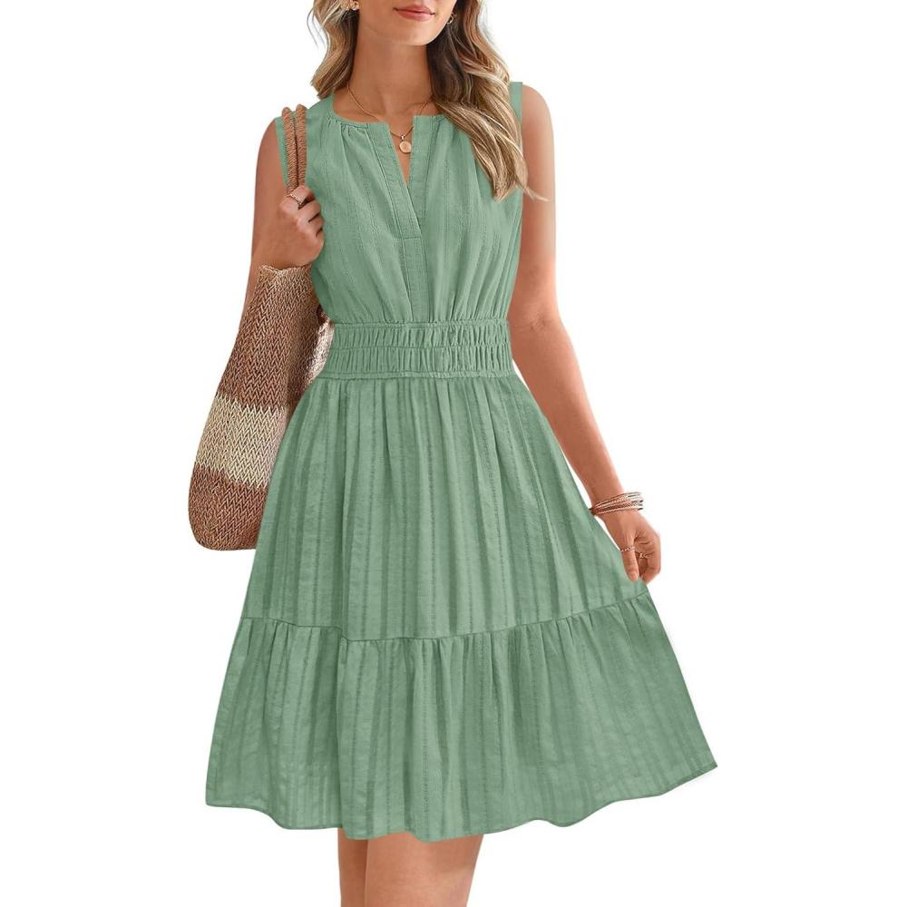 imageBTFBM Mini Dresses for Women 2026 Summer Sleeveless V Neck Elastic Waist Beach Vacation Sundress Boho Casual Dress PocketsSage Green