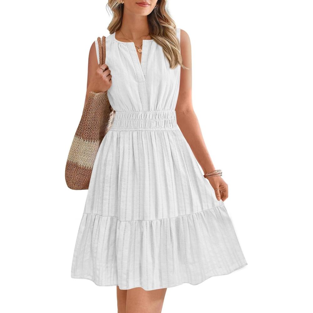 imageBTFBM Mini Dresses for Women 2026 Summer Sleeveless V Neck Elastic Waist Beach Vacation Sundress Boho Casual Dress PocketsWhite