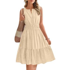 BTFBM Mini Dresses for Women 2026 Summer Sleeveless V Neck Elastic Waist Beach Vacation Sundress Boho Casual Dress Pockets(Beige)