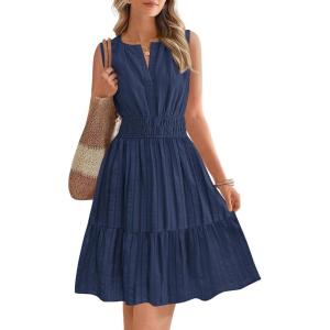 BTFBM Mini Dresses for Women 2026 Summer Sleeveless V Neck Elastic Waist Beach Vacation Sundress Boho Casual Dress Pockets(Navy Blue)