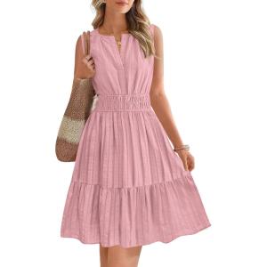 BTFBM Mini Dresses for Women 2026 Summer Sleeveless V Neck Elastic Waist Beach Vacation Sundress Boho Casual Dress Pockets(Pink)