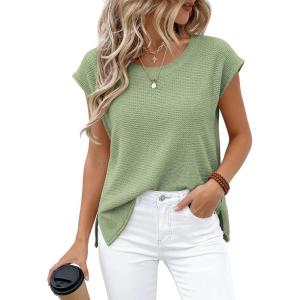 BTFBM Sweater Vest Women 2026 Spring Summer Cap Sleeve Crew Neck Casual Loose Business Tops Western Vacation Outfits(Sage Green)