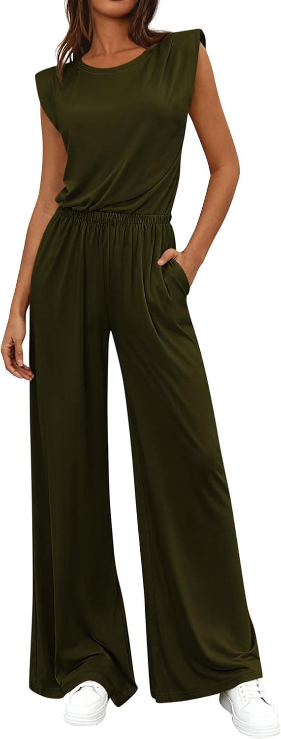 imageBTFBM 2 Piece Sets for Women Summer 2026 Casual Loose Tank Top Wide Leg Pants Suit Matching Travel Airport OutfitsArmy Green