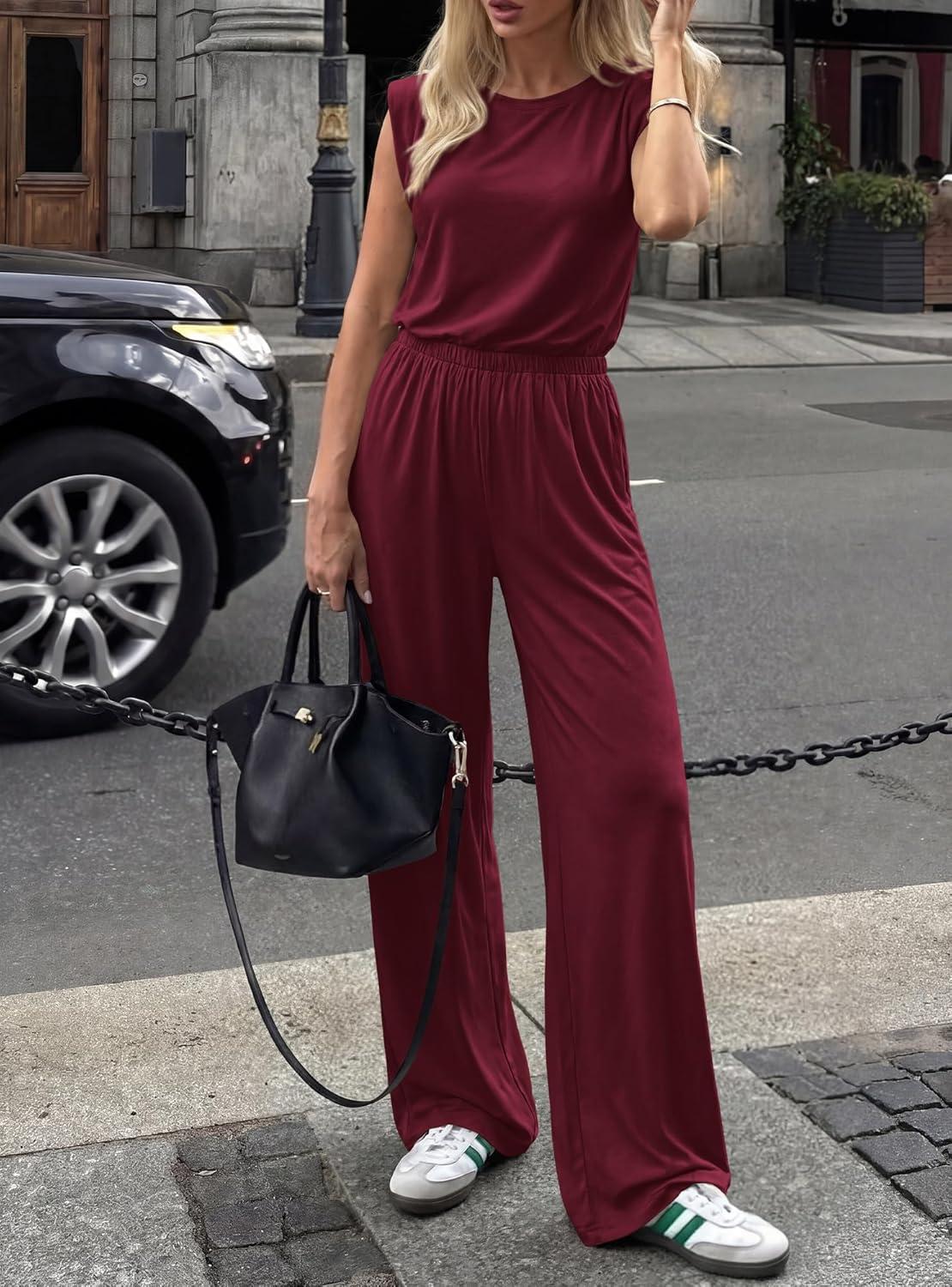 imageBTFBM 2 Piece Sets for Women Summer 2026 Casual Loose Tank Top Wide Leg Pants Suit Matching Travel Airport OutfitsBurgundy