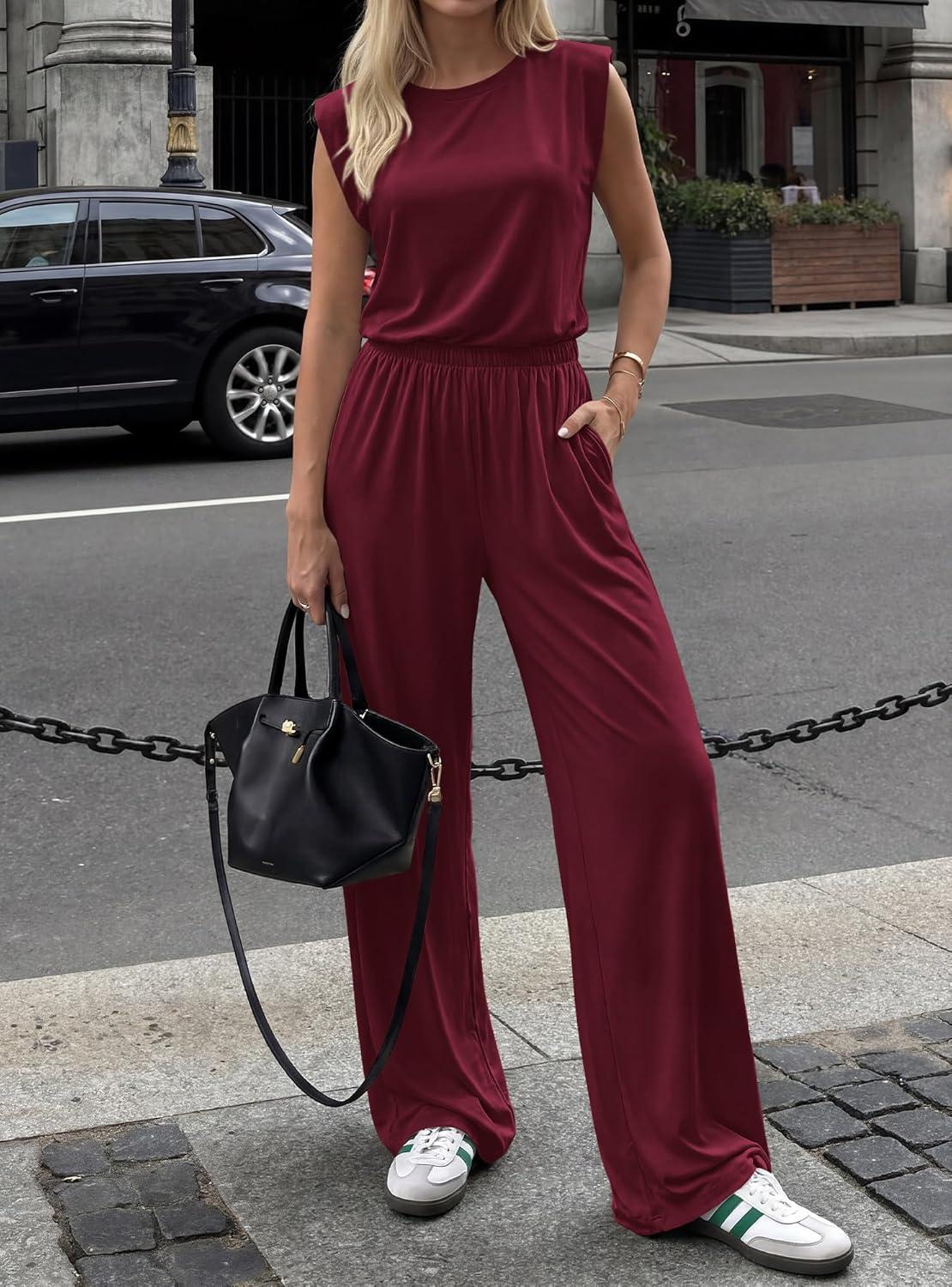 imageBTFBM 2 Piece Sets for Women Summer 2026 Casual Loose Tank Top Wide Leg Pants Suit Matching Travel Airport OutfitsBurgundy