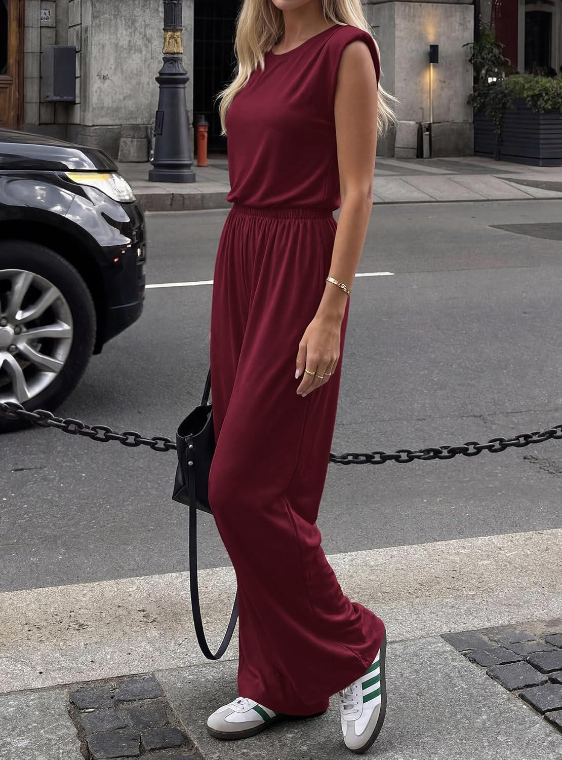 imageBTFBM 2 Piece Sets for Women Summer 2026 Casual Loose Tank Top Wide Leg Pants Suit Matching Travel Airport OutfitsBurgundy