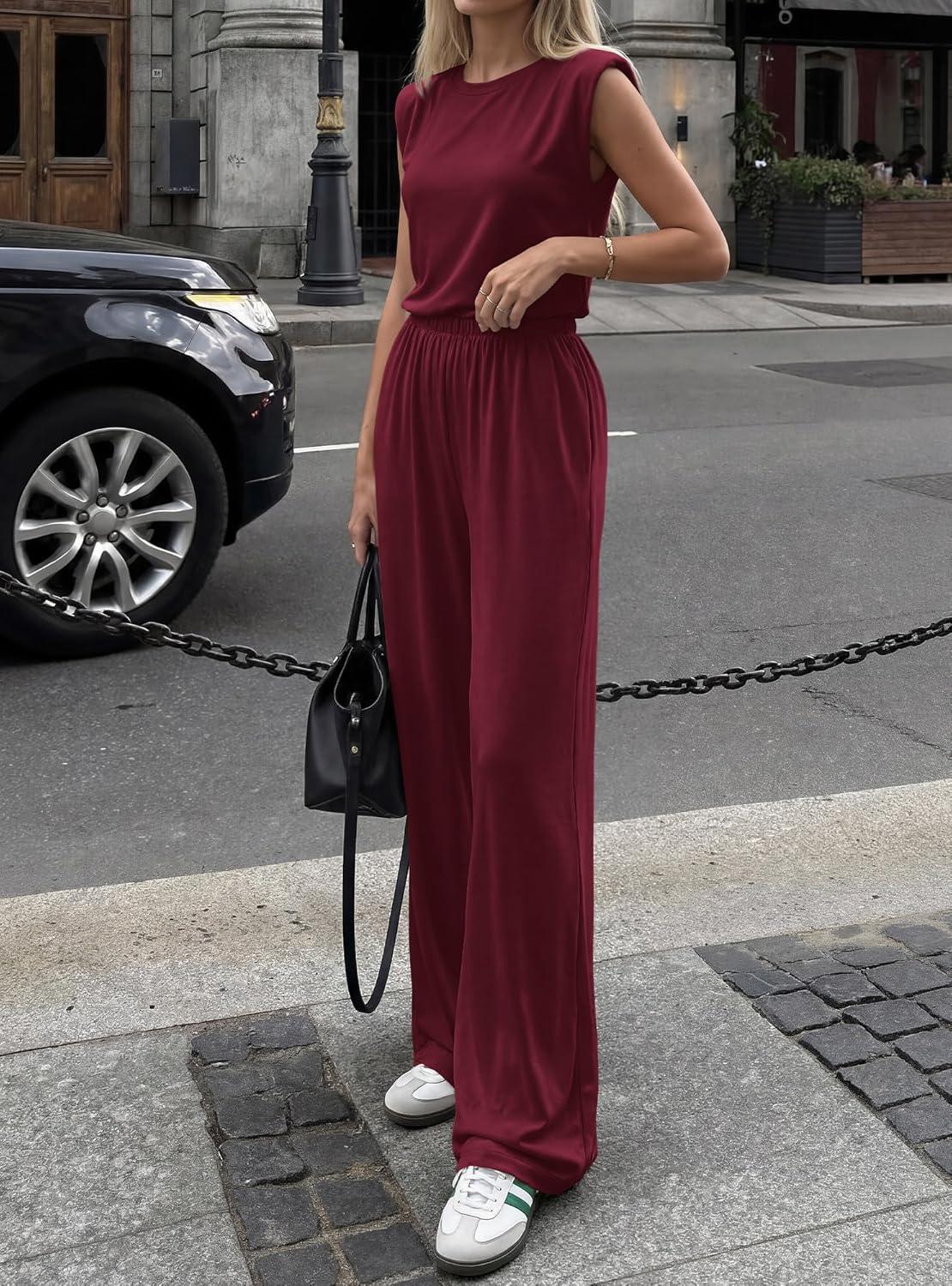 imageBTFBM 2 Piece Sets for Women Summer 2026 Casual Loose Tank Top Wide Leg Pants Suit Matching Travel Airport OutfitsBurgundy