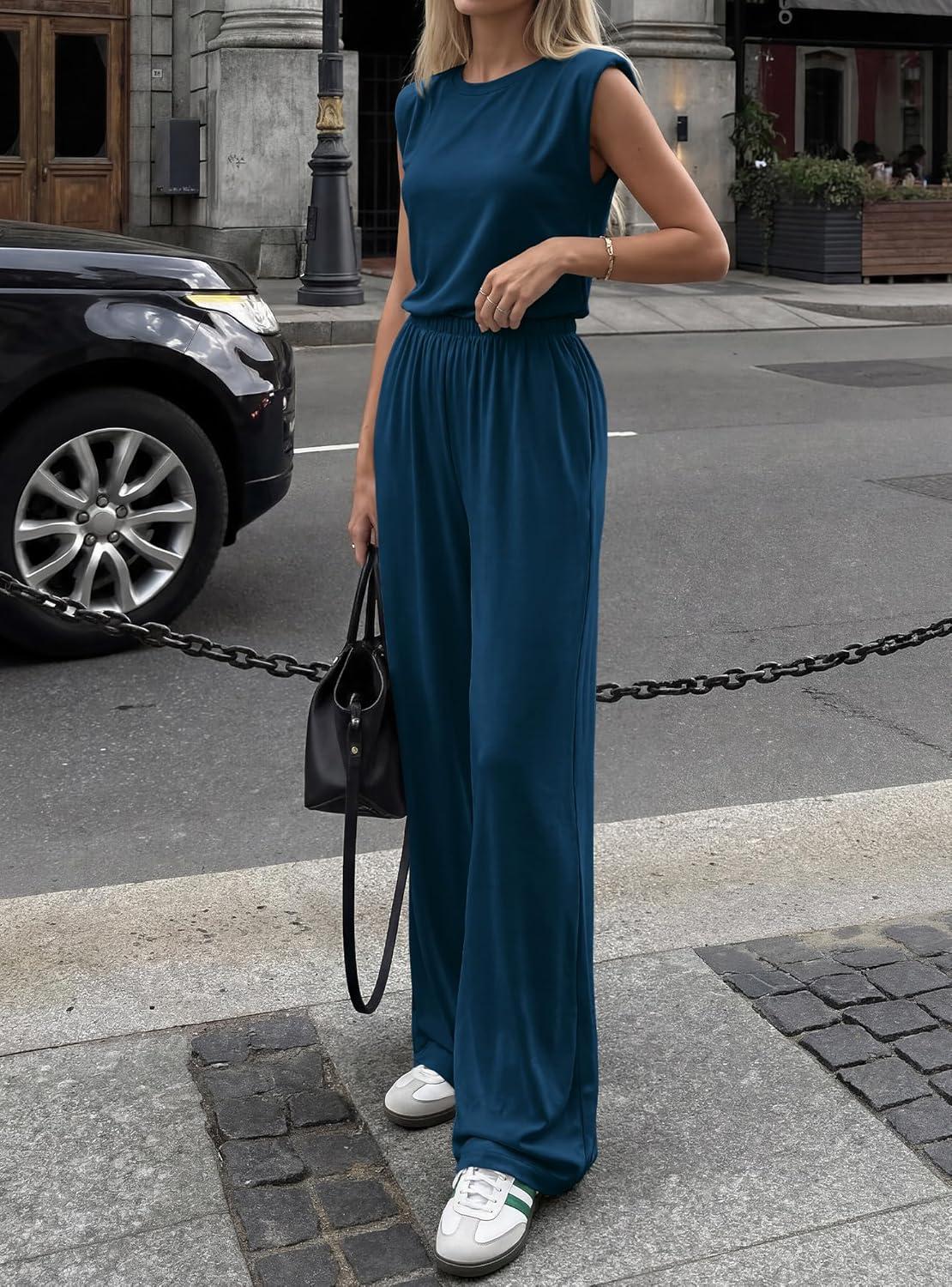 imageBTFBM 2 Piece Sets for Women Summer 2026 Casual Loose Tank Top Wide Leg Pants Suit Matching Travel Airport OutfitsDark Blue