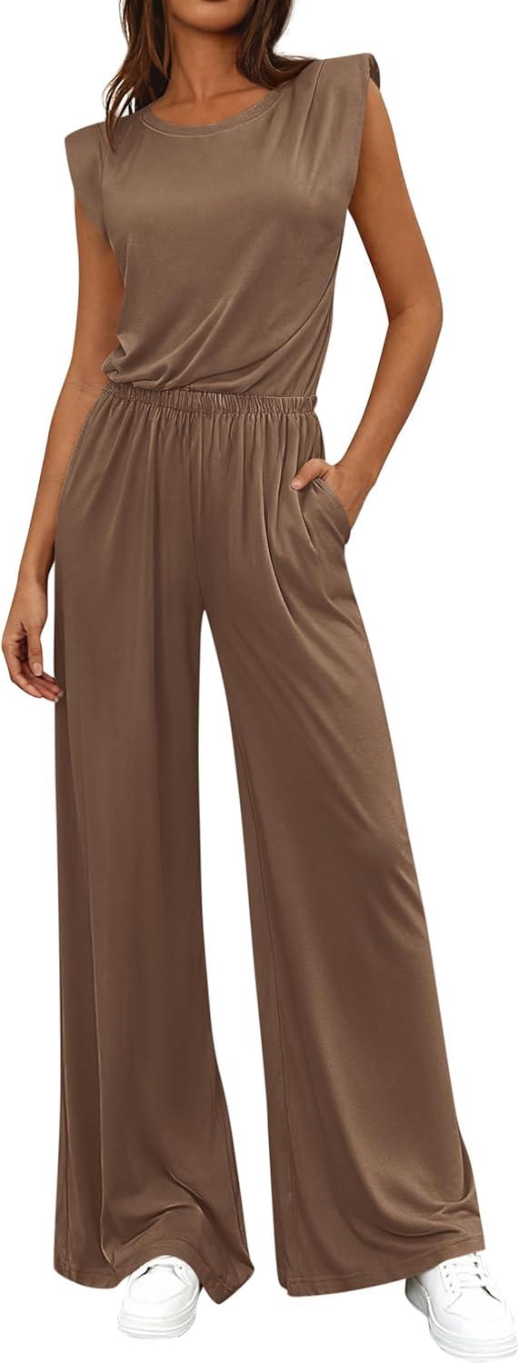 imageBTFBM 2 Piece Sets for Women Summer 2026 Casual Loose Tank Top Wide Leg Pants Suit Matching Travel Airport OutfitsKhaki