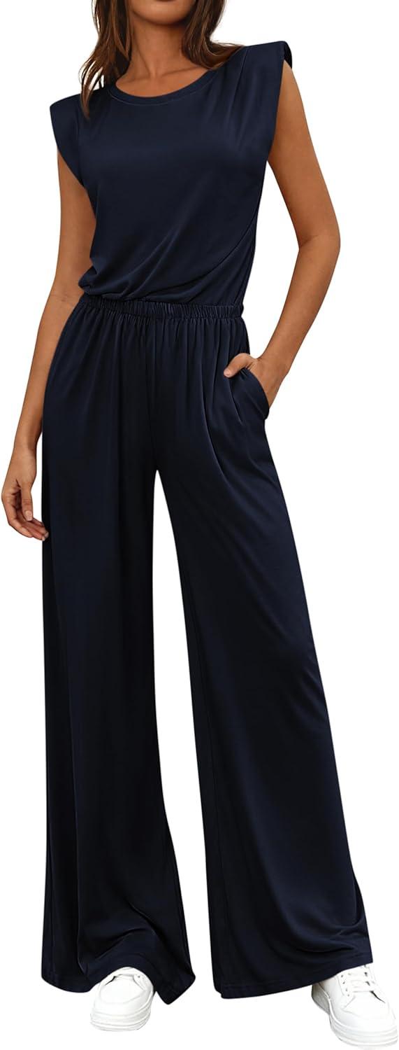 imageBTFBM 2 Piece Sets for Women Summer 2026 Casual Loose Tank Top Wide Leg Pants Suit Matching Travel Airport OutfitsNavy Blue