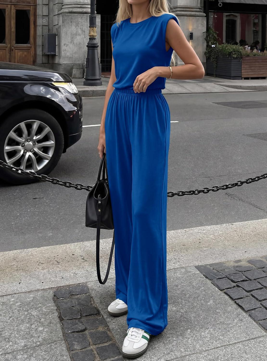 imageBTFBM 2 Piece Sets for Women Summer 2026 Casual Loose Tank Top Wide Leg Pants Suit Matching Travel Airport OutfitsRoyal Blue