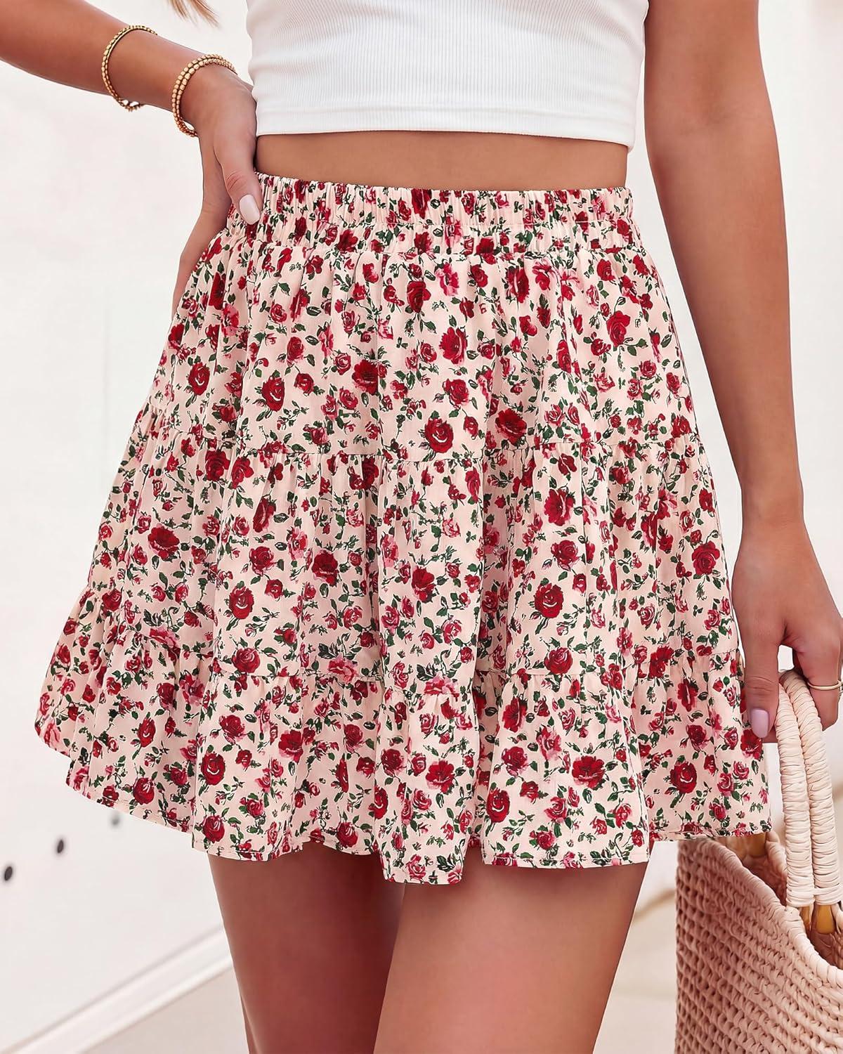 imageBTFBM Summer Skirts for Women 2026 High Waist Flowy Shorts Underneath Boho Tiered Floral Tennis Skorts Casual Mini SkirtFloral Apricot Red