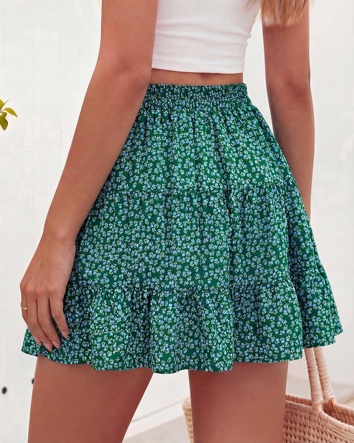 imageBTFBM Summer Skirts for Women 2026 High Waist Flowy Shorts Underneath Boho Tiered Floral Tennis Skorts Casual Mini SkirtFloral Green Blue