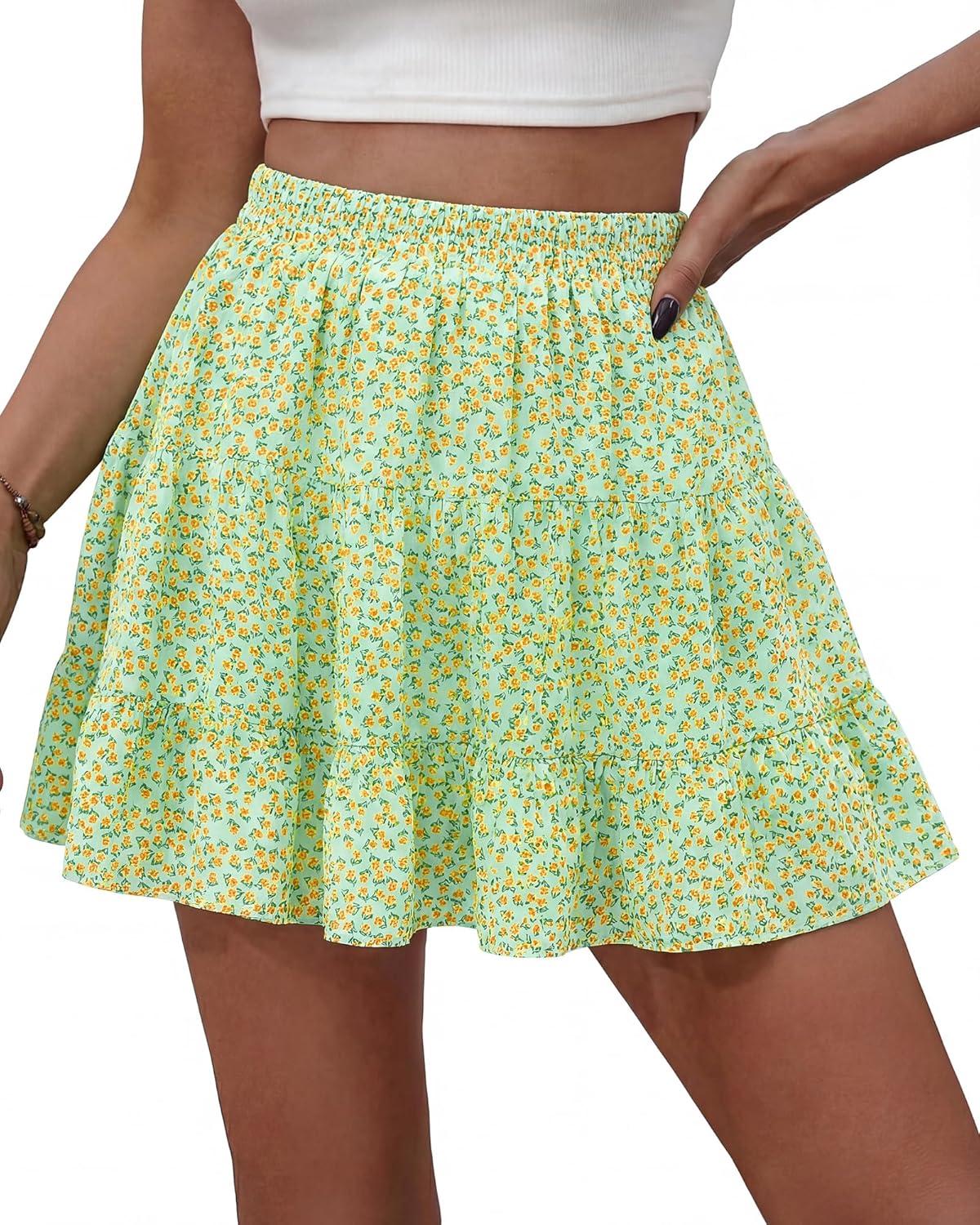 imageBTFBM Summer Skirts for Women 2026 High Waist Flowy Shorts Underneath Boho Tiered Floral Tennis Skorts Casual Mini SkirtFloral Green Yellow