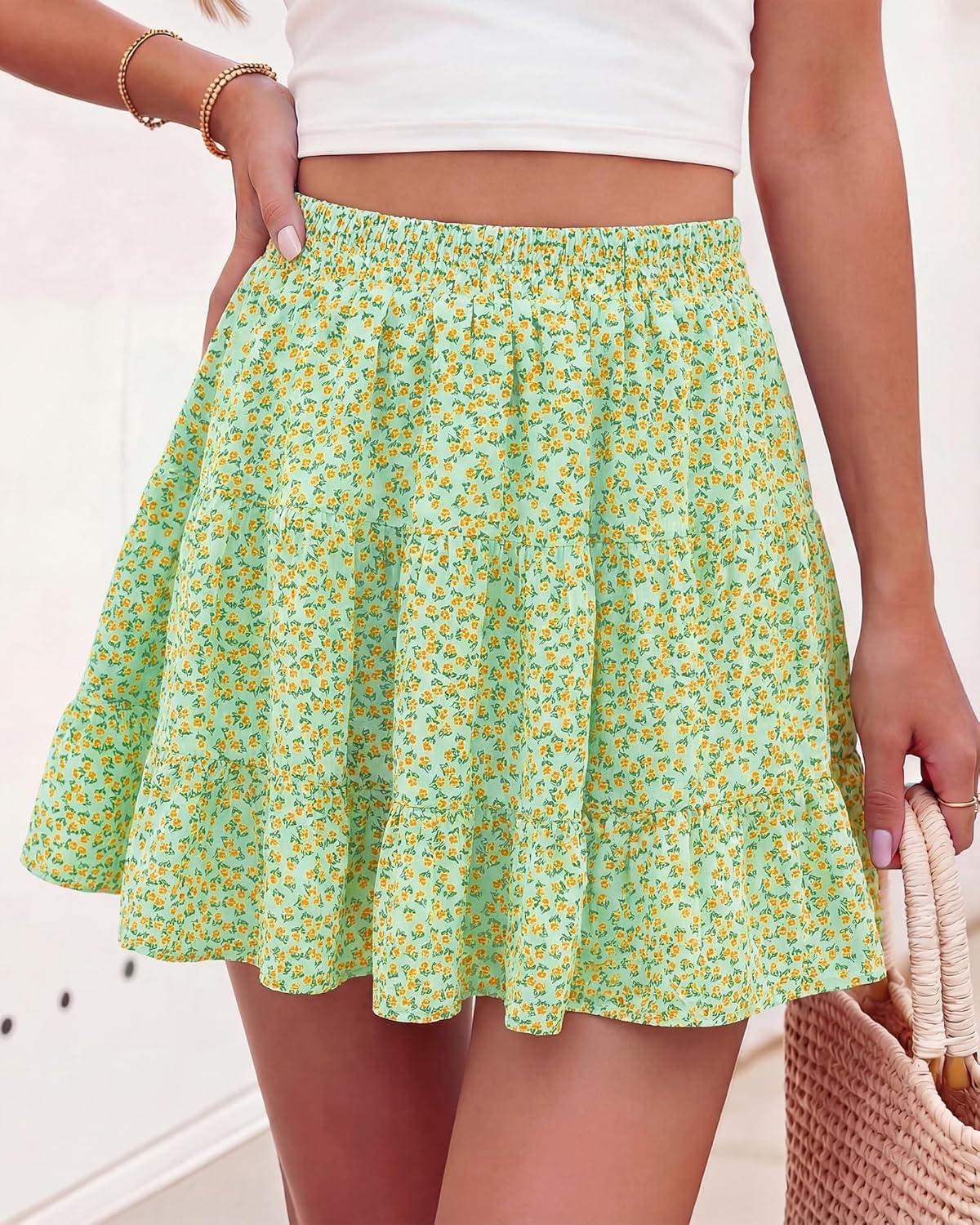 imageBTFBM Summer Skirts for Women 2026 High Waist Flowy Shorts Underneath Boho Tiered Floral Tennis Skorts Casual Mini SkirtFloral Green Yellow