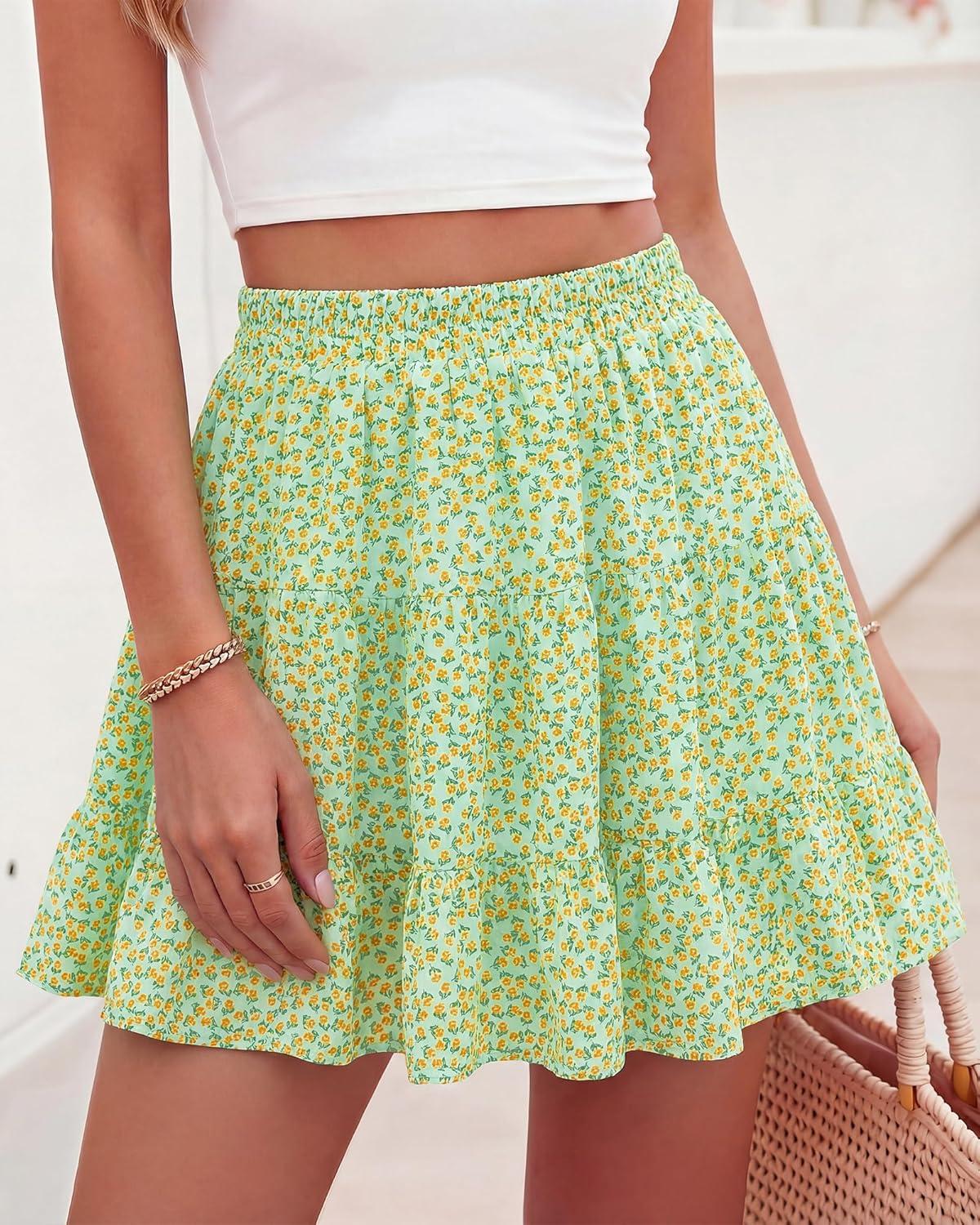 imageBTFBM Summer Skirts for Women 2026 High Waist Flowy Shorts Underneath Boho Tiered Floral Tennis Skorts Casual Mini SkirtFloral Green Yellow