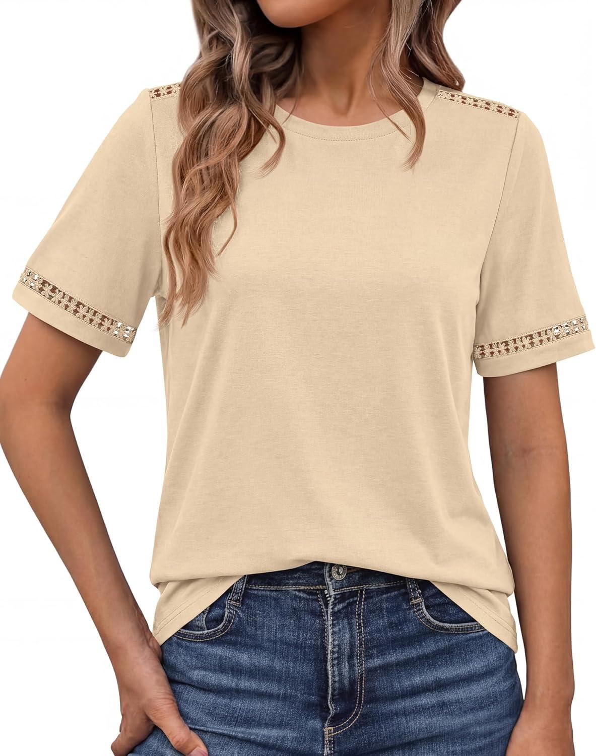 imageBTFBM Womens Summer Tops Lace Short Sleeve Shirts 2026 Spring Casual Loose Crew Neck Cotton Knit Cute Business BlousesApricot